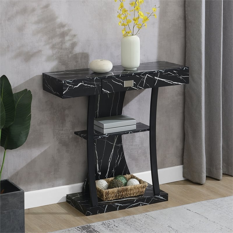 Pemberly Row One-Drawer Harri Console Table w/ Shelves - Black Faux Marble Wood