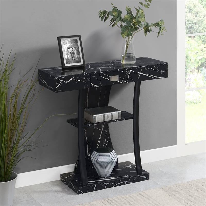 Pemberly Row One-Drawer Harri Console Table w/ Shelves - Black Faux Marble Wood