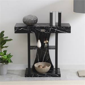 Pemberly Row One-Drawer Harri Console Table w/ Shelves - Black Faux Marble Wood