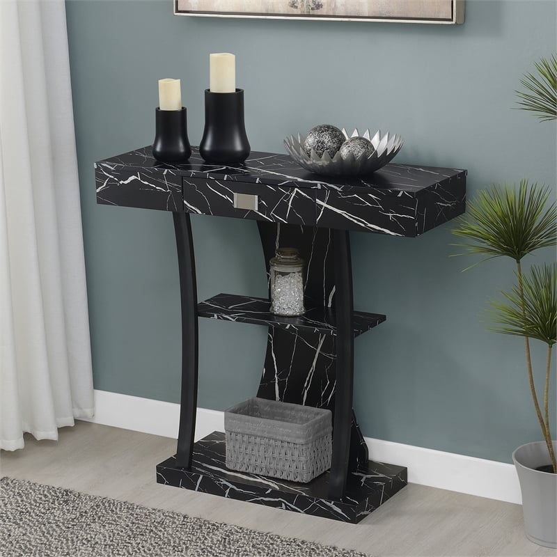 Pemberly Row One-Drawer Harri Console Table w/ Shelves - Black Faux Marble Wood