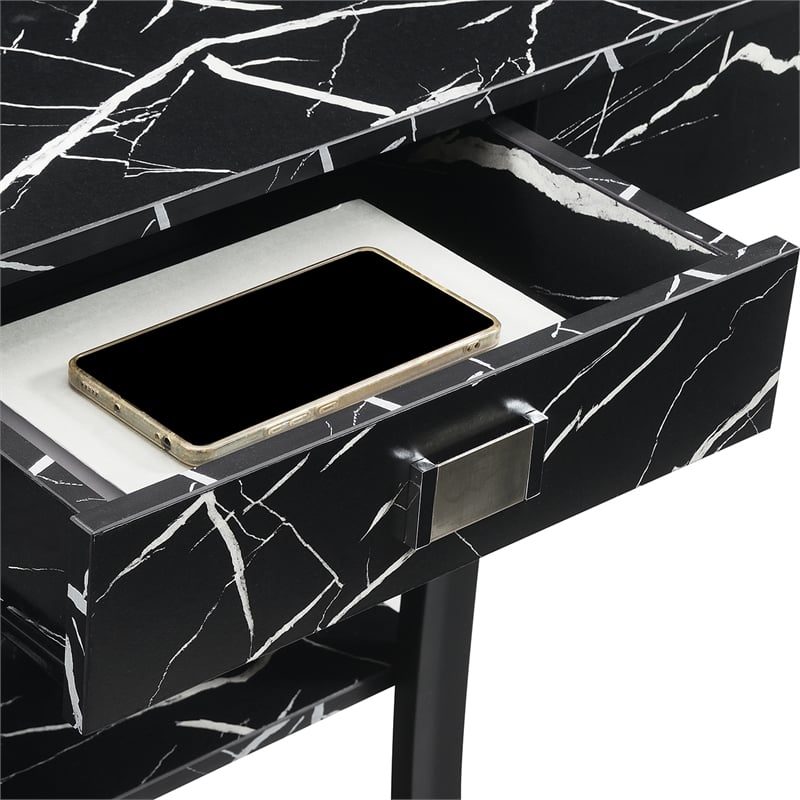Pemberly Row One-Drawer Harri Console Table w/ Shelves - Black Faux Marble Wood