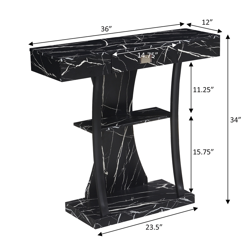 Pemberly Row One-Drawer Harri Console Table w/ Shelves - Black Faux Marble Wood