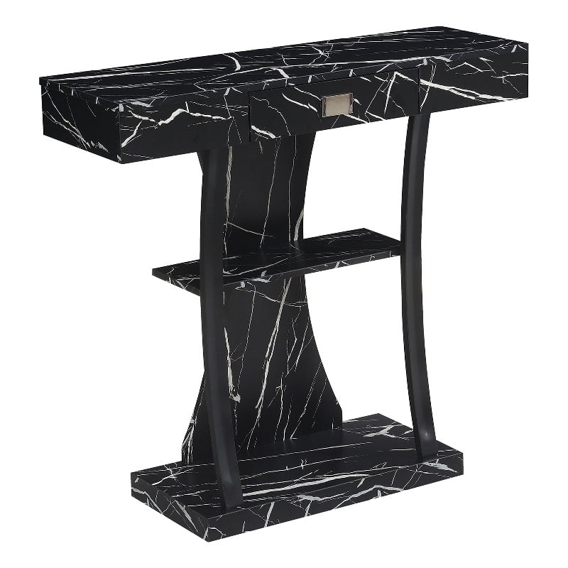 Pemberly Row One-Drawer Harri Console Table w/ Shelves - Black Faux Marble Wood