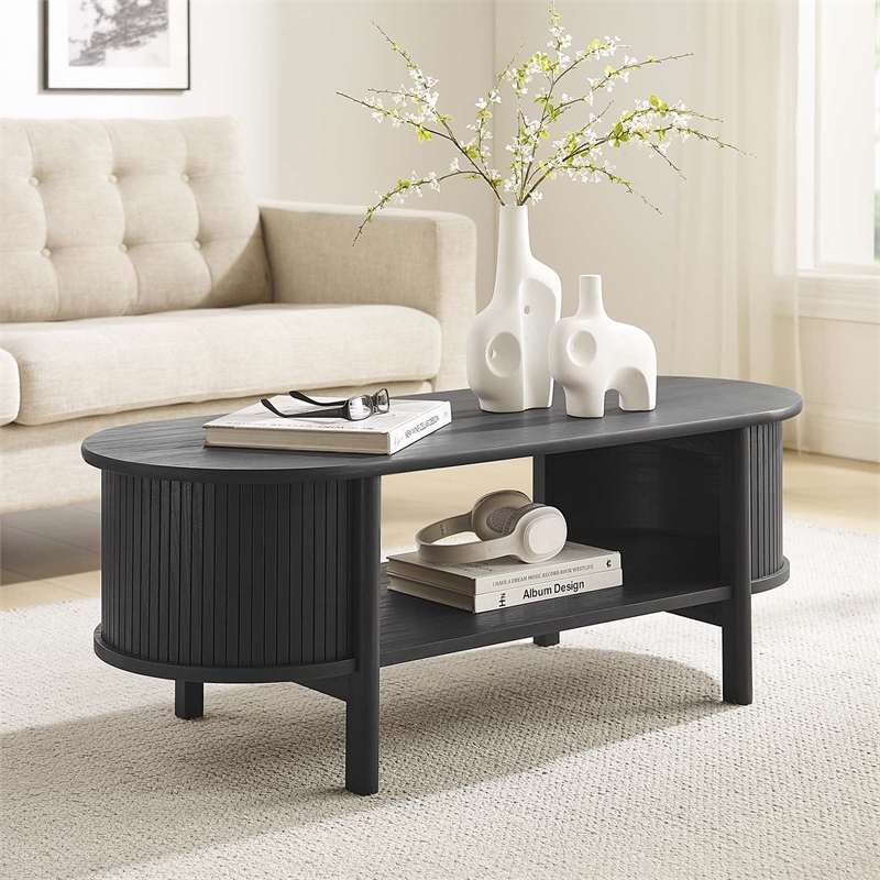 Pemberly Row Rubber Wood Oval Coffee Table with Curved Edges in Black