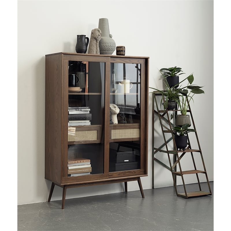 Pemberly Row Modern Oak and Rattan Sliding Glass Door Cabinet