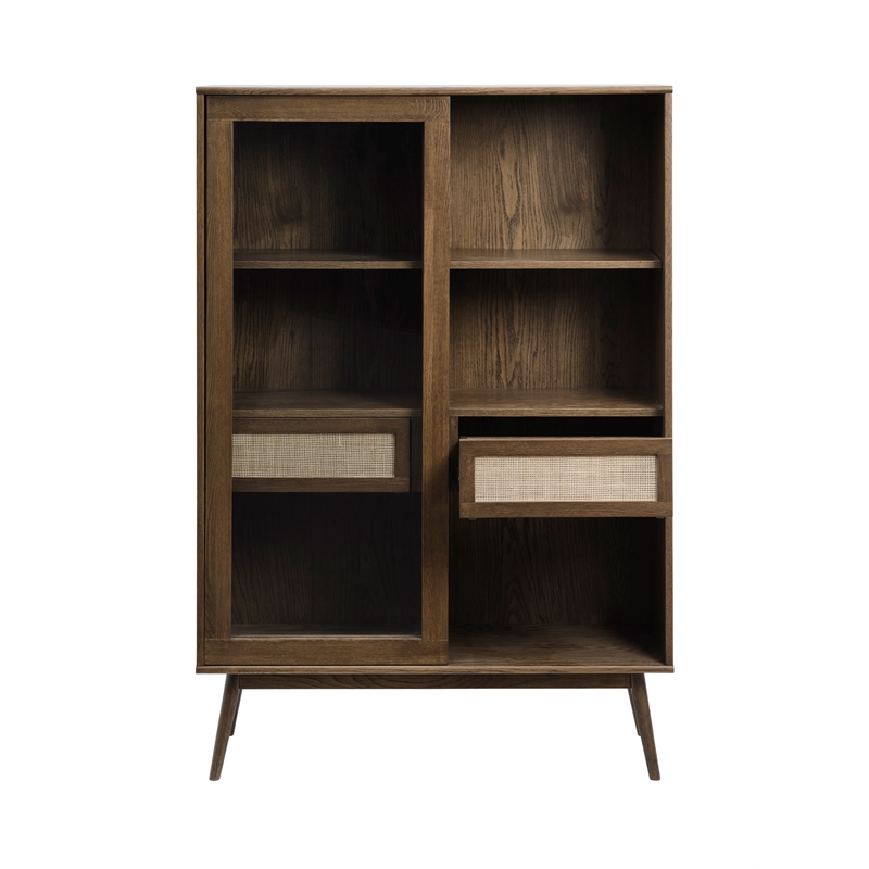 Pemberly Row Modern Oak and Rattan Sliding Glass Door Cabinet