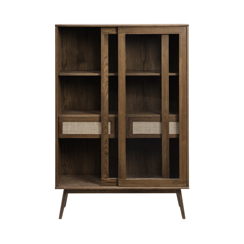 Pemberly Row Modern Oak and Rattan Sliding Glass Door Cabinet