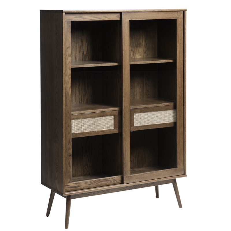 Pemberly Row Modern Oak and Rattan Sliding Glass Door Cabinet