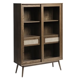 Pemberly Row Modern Oak and Rattan Sliding Glass Door Cabinet