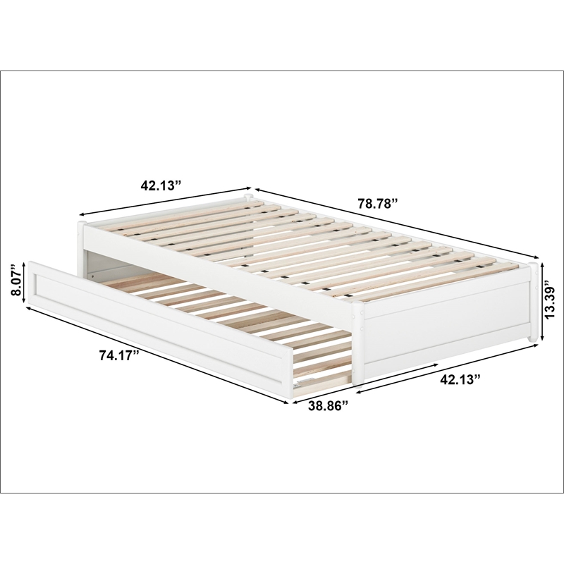 Pemberly Row Twin Solid Wood Panel Platform Bed with Twin Trundle in White