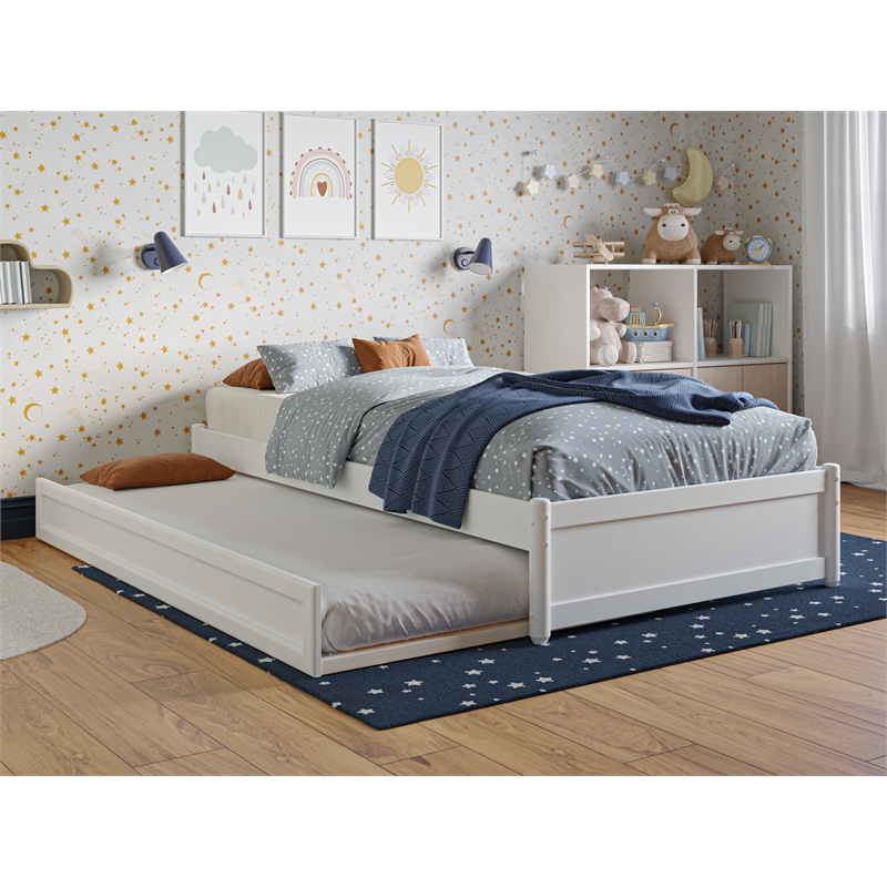 Pemberly Row Twin Solid Wood Panel Platform Bed with Twin Trundle in White