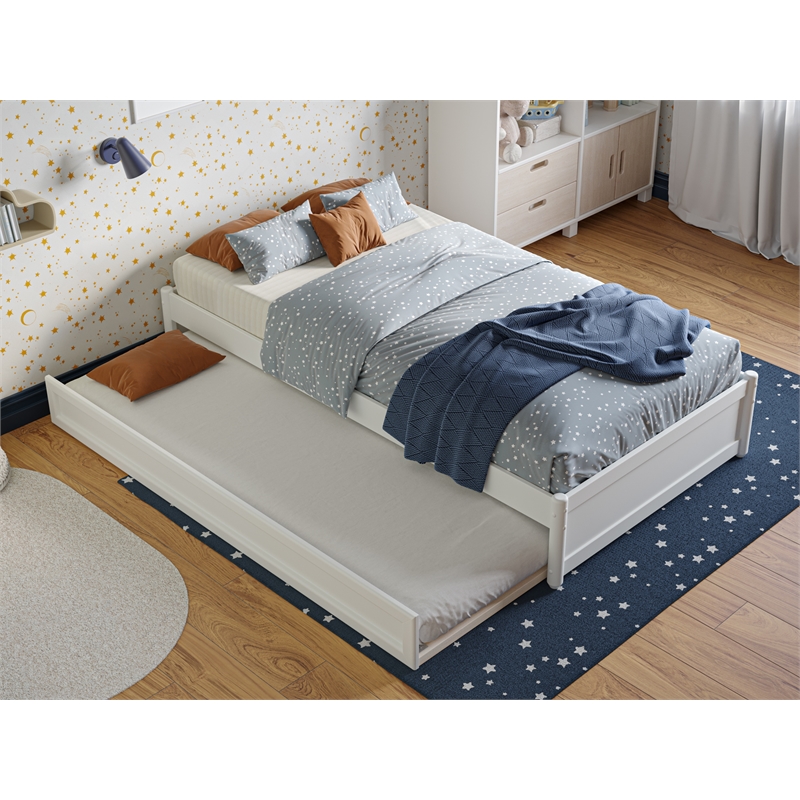 Pemberly Row Twin Solid Wood Panel Platform Bed with Twin Trundle in White