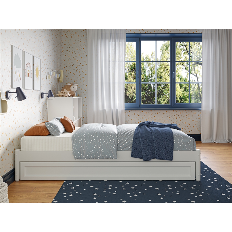 Pemberly Row Twin Solid Wood Panel Platform Bed with Twin Trundle in White