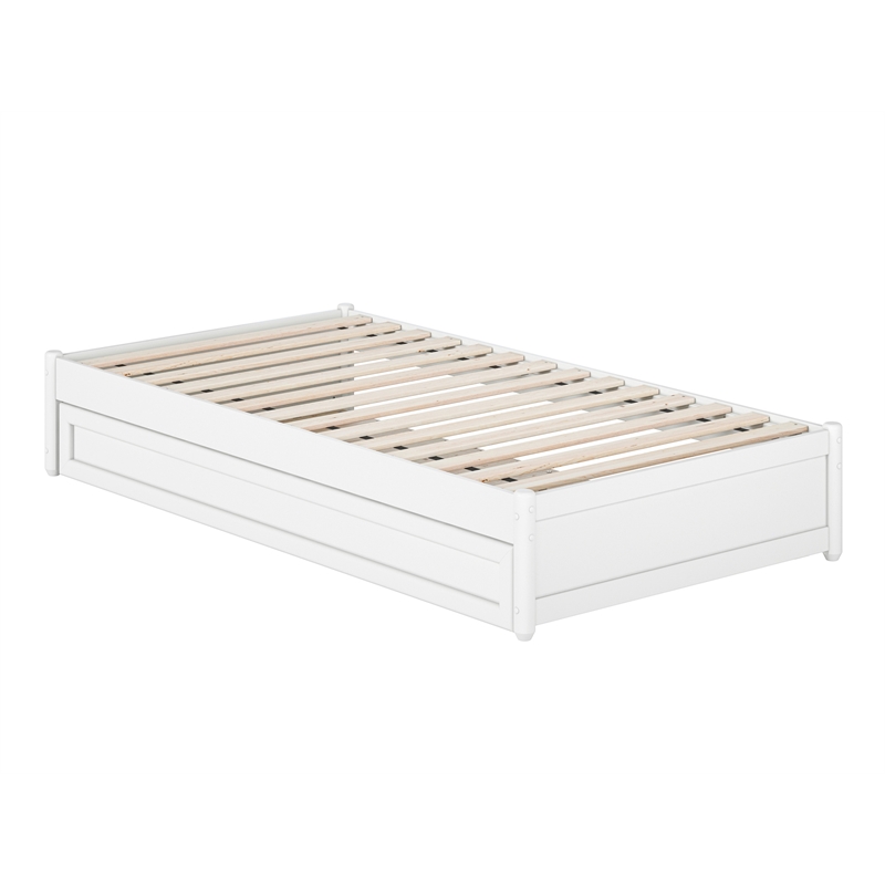 Pemberly Row Twin Solid Wood Panel Platform Bed with Twin Trundle in White