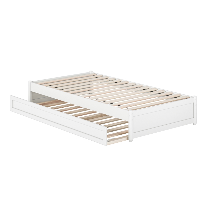 Pemberly Row Twin Solid Wood Panel Platform Bed with Twin Trundle in White