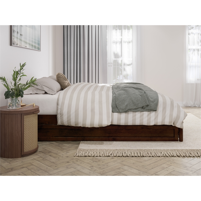 Pemberly Row Queen Solid Wood Panel Platform Bed with Twin XL Trundle in Walnut