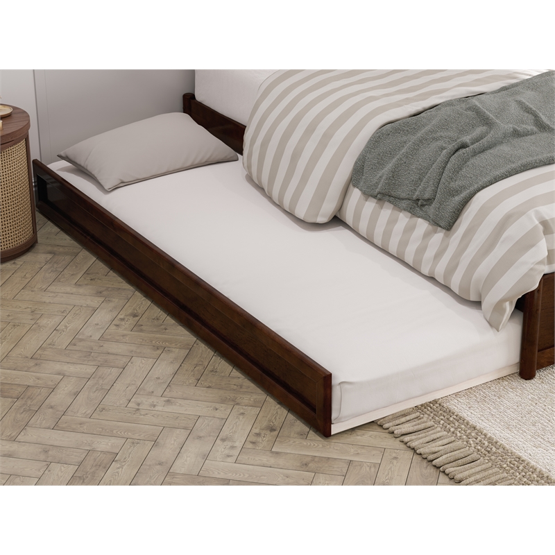 Pemberly Row Queen Solid Wood Panel Platform Bed with Twin XL Trundle in Walnut
