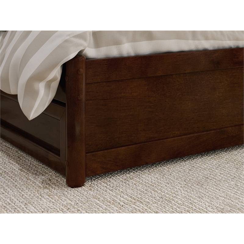 Pemberly Row Queen Solid Wood Panel Platform Bed with Twin XL Trundle in Walnut