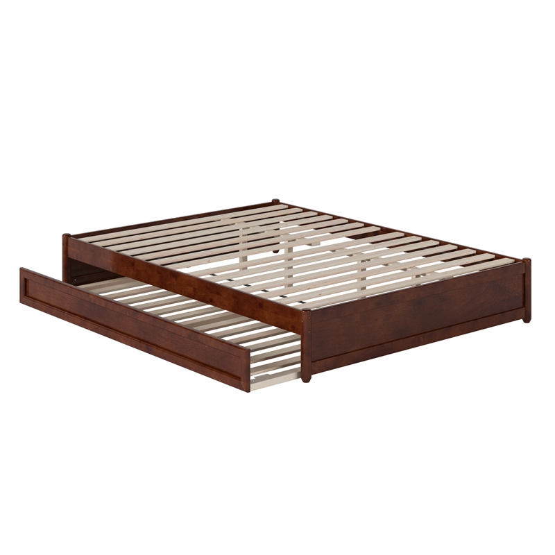 Pemberly Row Queen Solid Wood Panel Platform Bed with Twin XL Trundle in Walnut