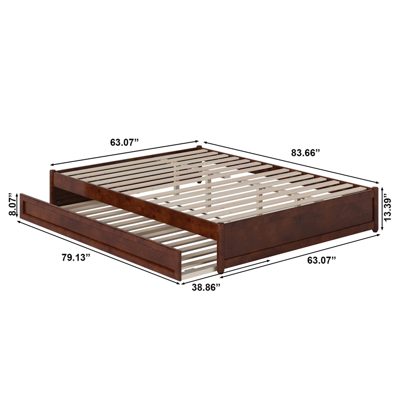 Pemberly Row Queen Solid Wood Panel Platform Bed with Twin XL Trundle in Walnut