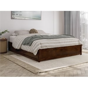 Pemberly Row Queen Solid Wood Panel Platform Bed with Twin XL Trundle in Walnut