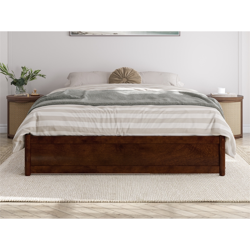Pemberly Row Queen Solid Wood Panel Platform Bed with Twin XL Trundle in Walnut