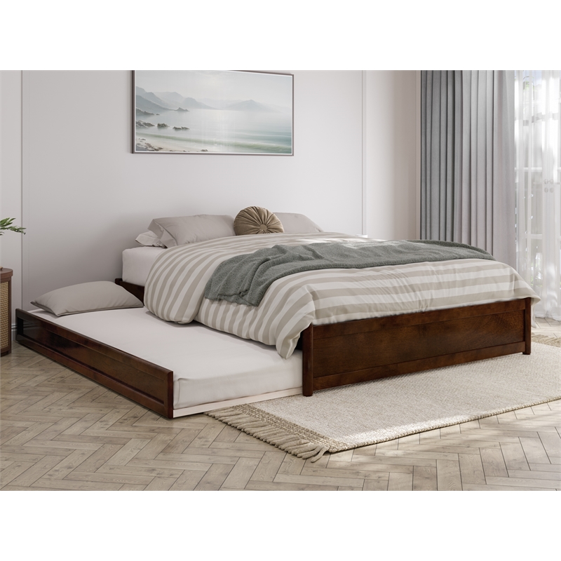 Pemberly Row Queen Solid Wood Panel Platform Bed with Twin XL Trundle in Walnut