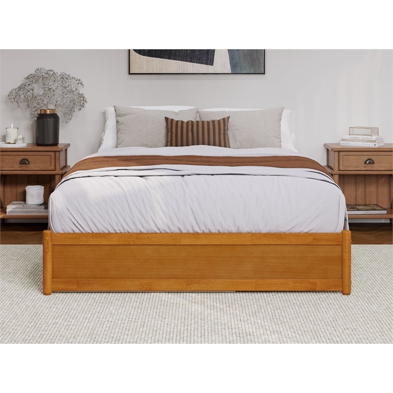 Pemberly Row Queen Wood Panel Platform Bed with Twin XL Trundle in Light Toffee