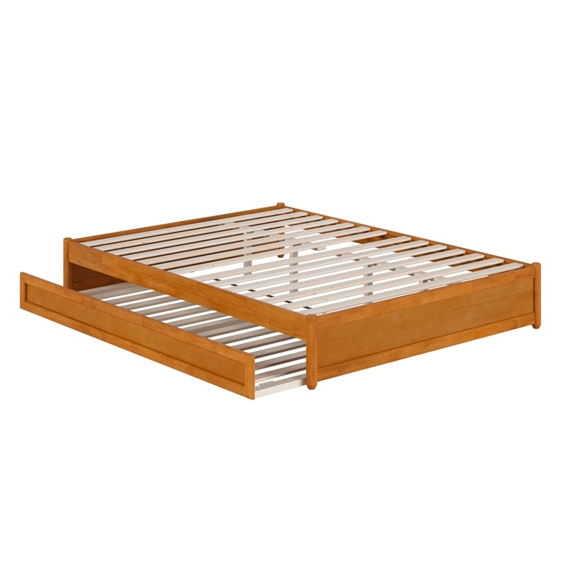 Pemberly Row Queen Wood Panel Platform Bed with Twin XL Trundle in Light Toffee