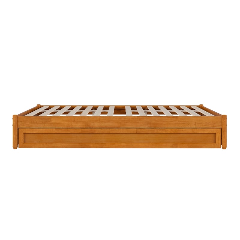 Pemberly Row Queen Wood Panel Platform Bed with Twin XL Trundle in Light Toffee