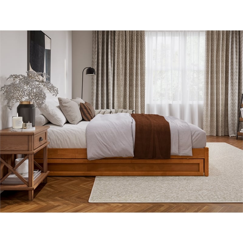 Pemberly Row Queen Wood Panel Platform Bed with Twin XL Trundle in Light Toffee