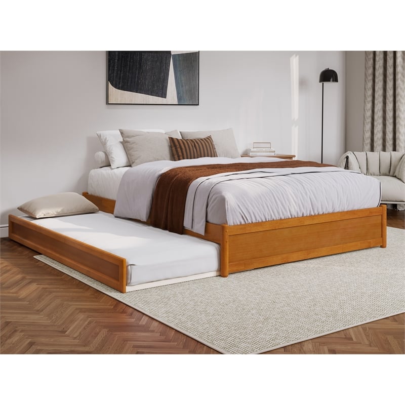 Pemberly Row Queen Wood Panel Platform Bed with Twin XL Trundle in Light Toffee