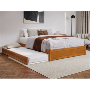 Pemberly Row Queen Wood Panel Platform Bed with Twin XL Trundle in Light Toffee