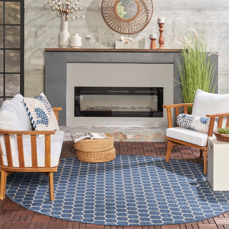 Pemberly Row Modern Reversible Ind/Outd 8' x Round Blue Area Rug