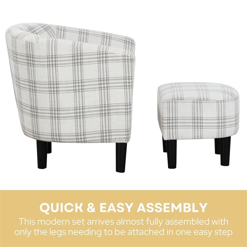 Pemberly Row Accent Chair with Ottoman in Gray and White Plaid Fabric