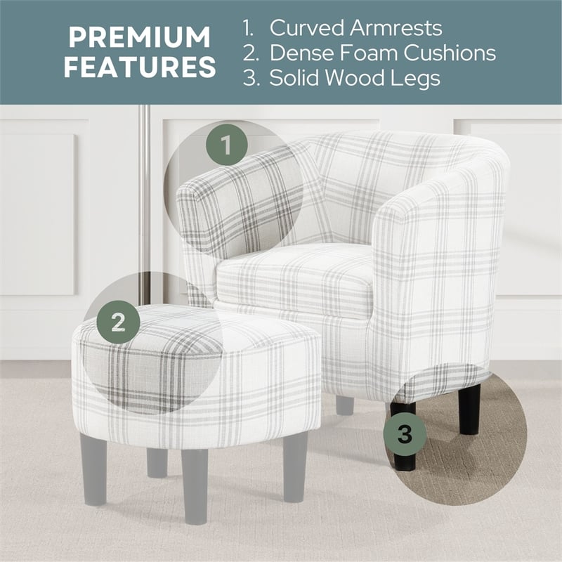Pemberly Row Accent Chair with Ottoman in Gray and White Plaid Fabric