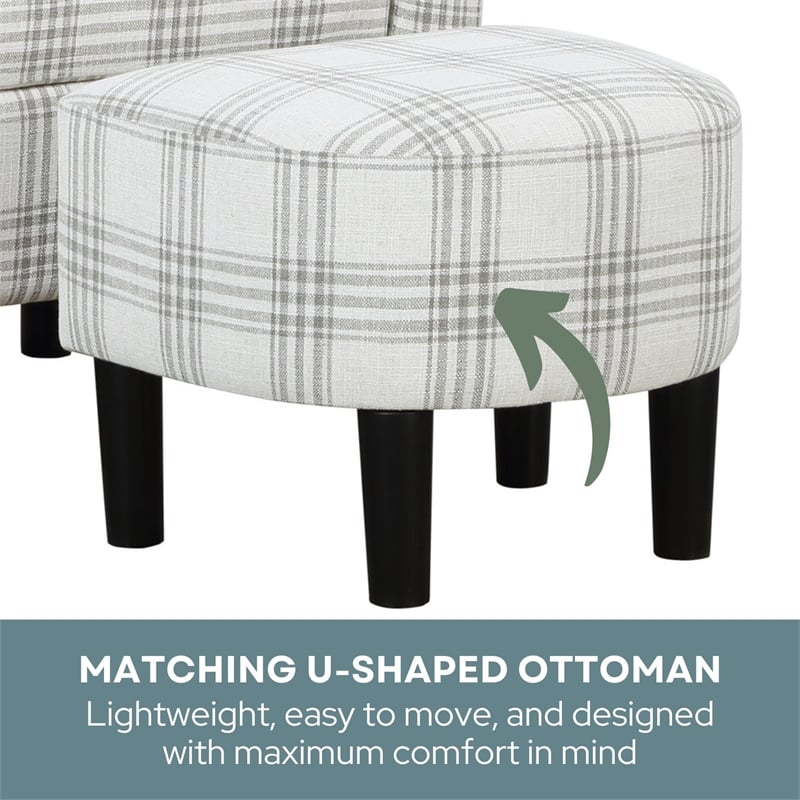 Pemberly Row Accent Chair with Ottoman in Gray and White Plaid Fabric