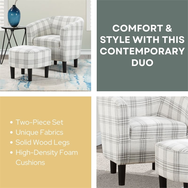 Pemberly Row Accent Chair with Ottoman in Gray and White Plaid Fabric