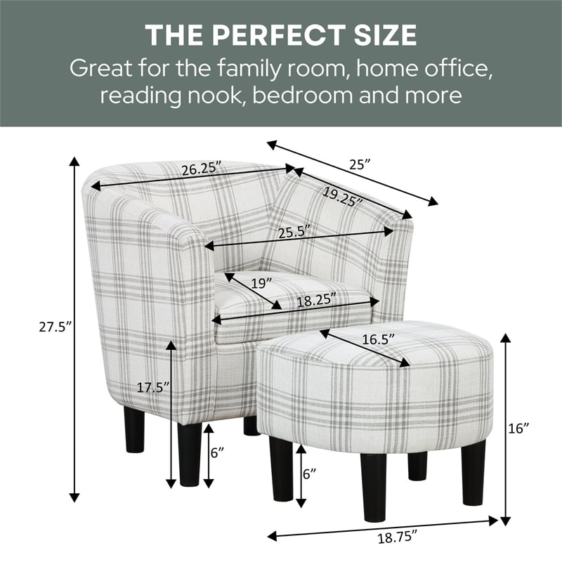 Pemberly Row Accent Chair with Ottoman in Gray and White Plaid Fabric