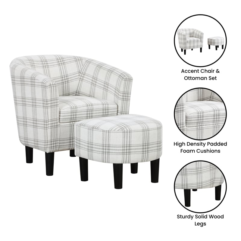 Pemberly Row Accent Chair with Ottoman in Gray and White Plaid Fabric