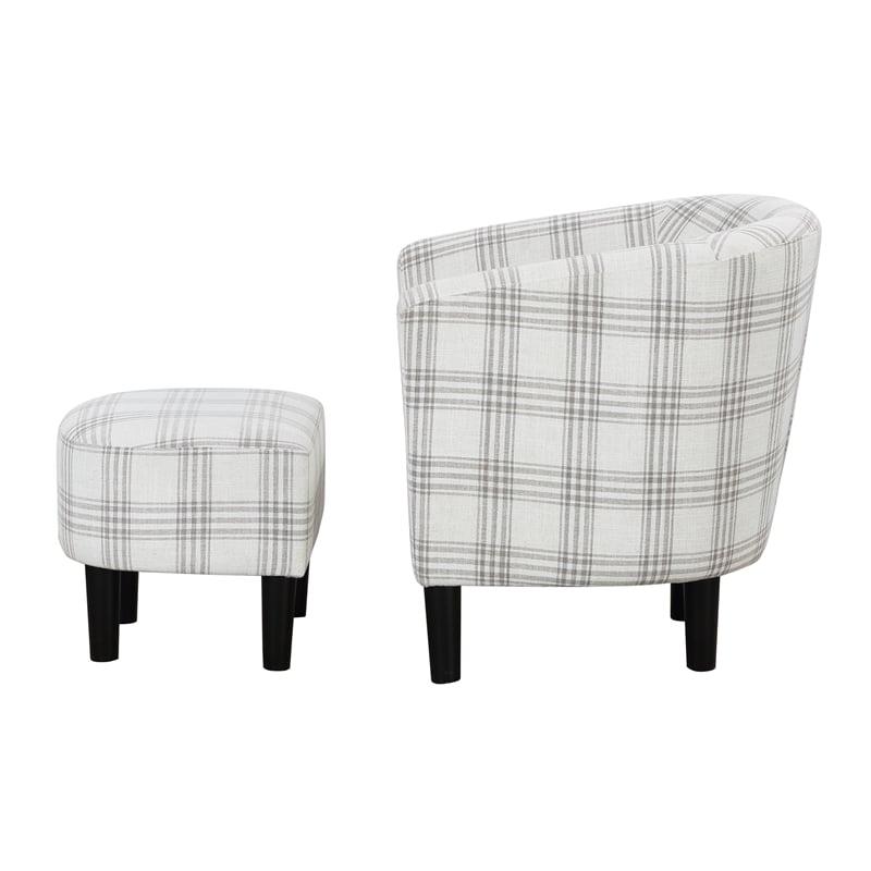 Pemberly Row Accent Chair with Ottoman in Gray and White Plaid Fabric