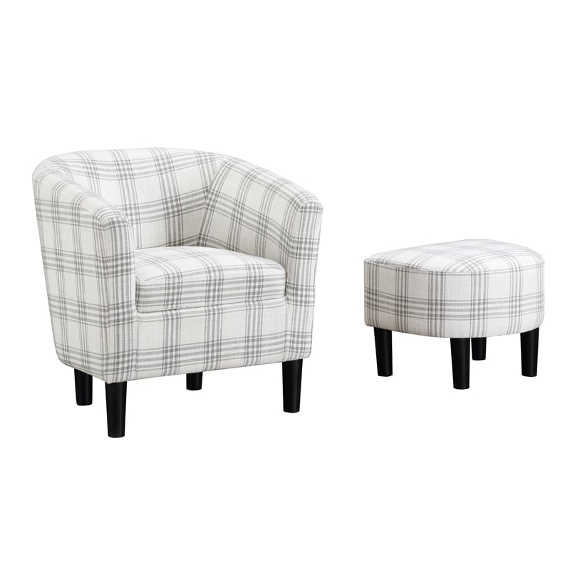 Pemberly Row Accent Chair with Ottoman in Gray and White Plaid Fabric