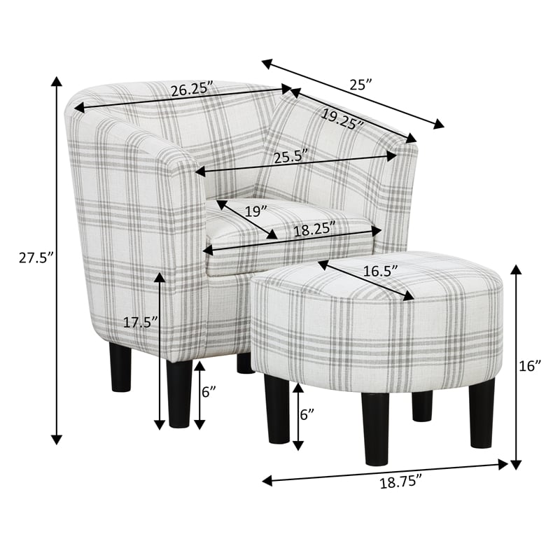 Pemberly Row Accent Chair with Ottoman in Gray and White Plaid Fabric