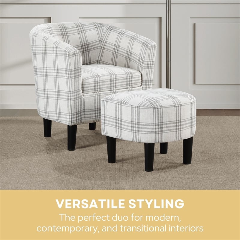 Pemberly Row Accent Chair with Ottoman in Gray and White Plaid Fabric