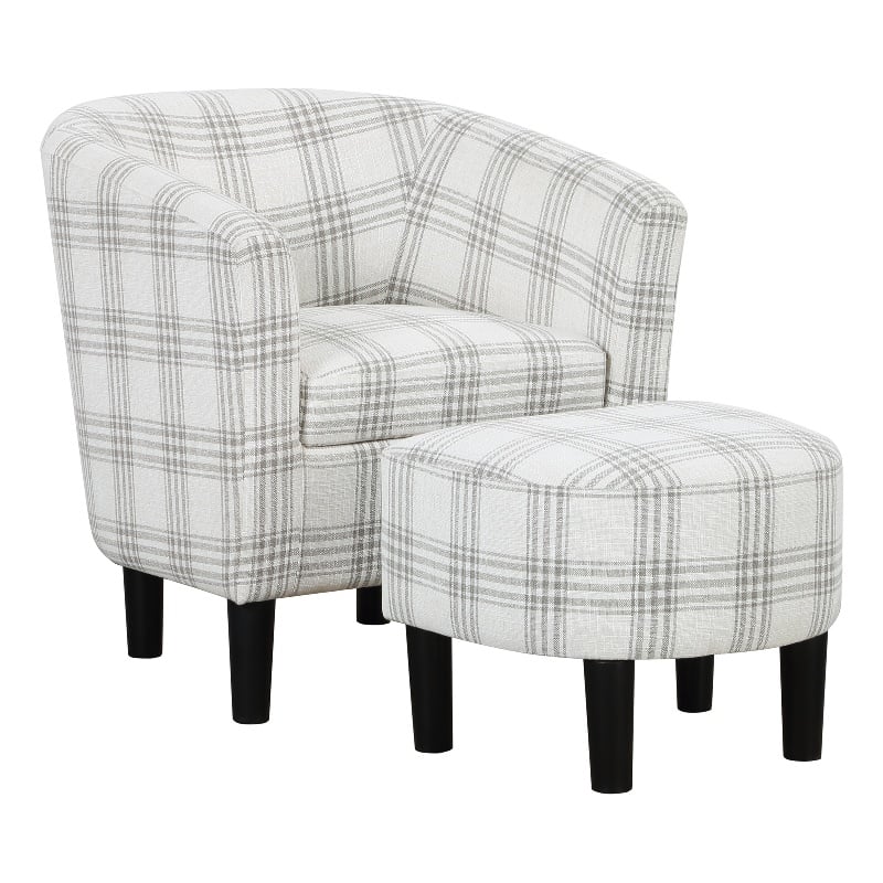 Pemberly Row Accent Chair with Ottoman in Gray and White Plaid Fabric