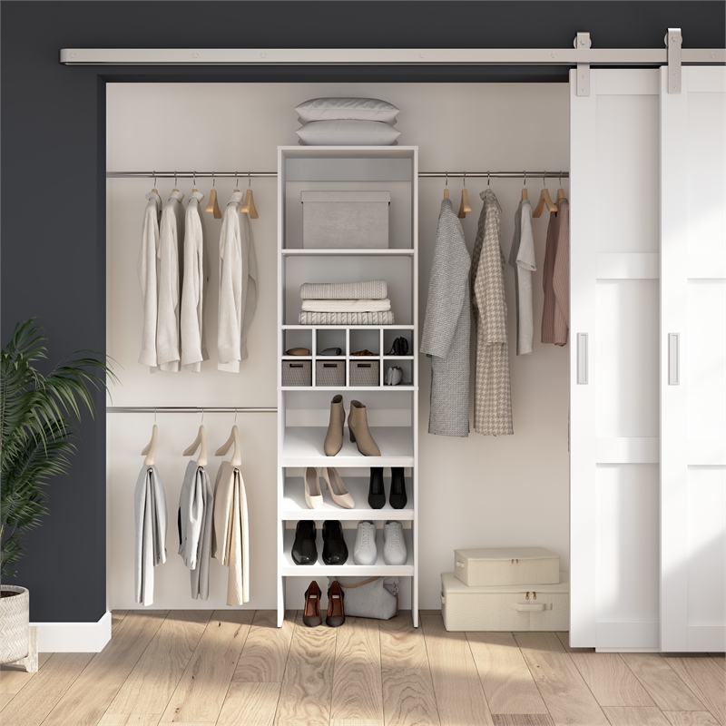 Pemberly Row Engineered Wood Closet 24W Organizer with Shoe Shelves Rods Cubbies