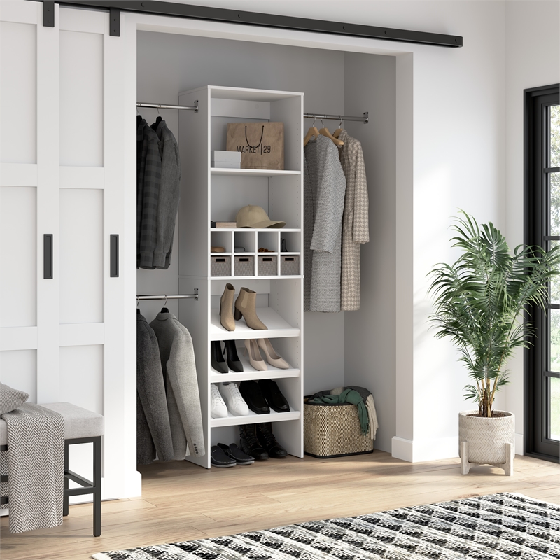 Pemberly Row Engineered Wood Closet 24W Organizer with Shoe Shelves Rods Cubbies