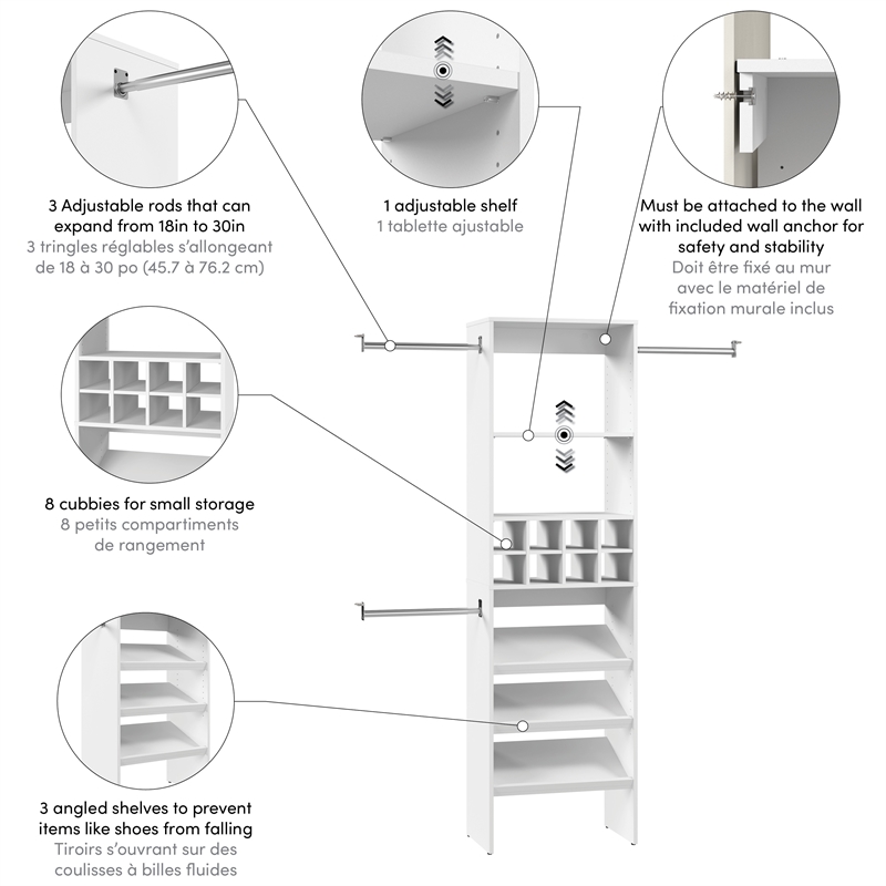 Pemberly Row Engineered Wood Closet 24W Organizer with Shoe Shelves Rods Cubbies