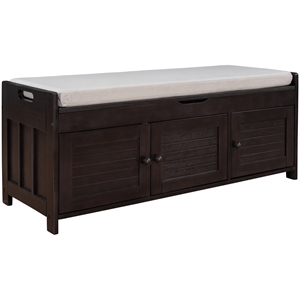 Pemberly Row Wood Storage Bench w/ Removable Cushion and 3 Doors - Espresso