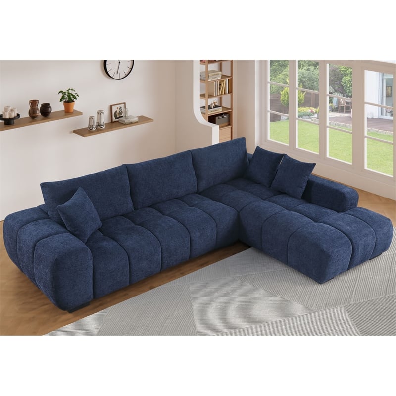 Pemberly Row Blue Modular Couch w/ Chaise Chenille Deep Sectionals w/ Large Seat